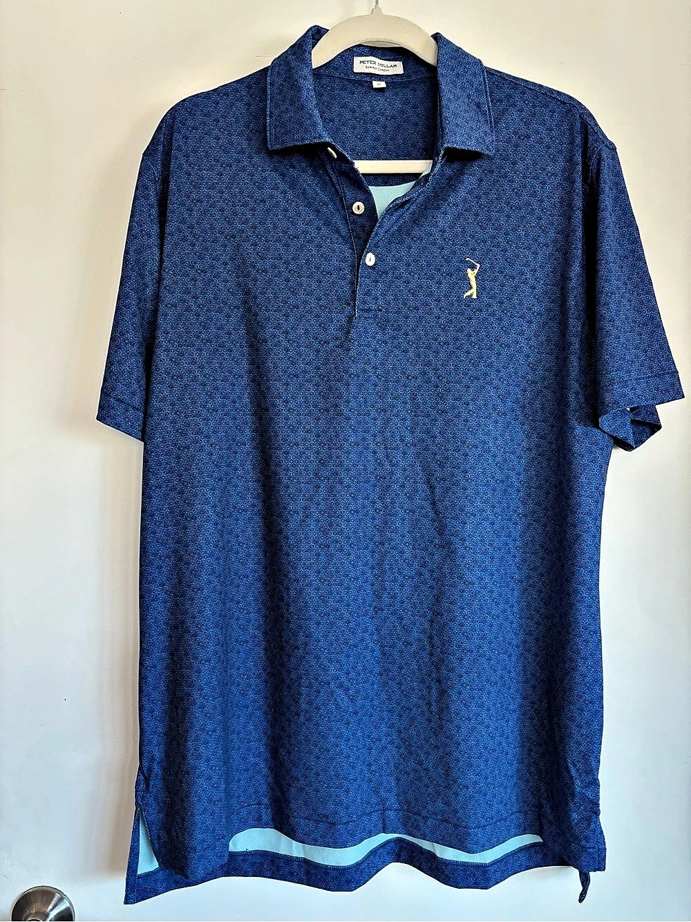 Peter Millar Summer Comfort Blue Geometric Print Golf Polo Size Medium